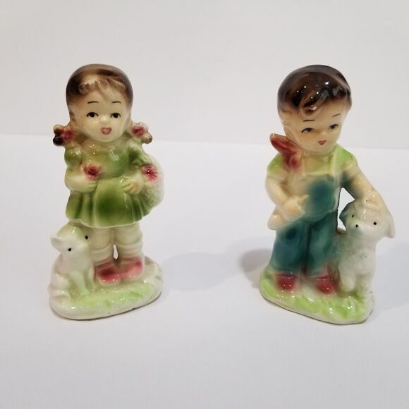 Vintage Fine Porcelain Japan Boy w/Lamb & Little Girl w/Cat 4.5'H Figurines - Picture 1 of 6